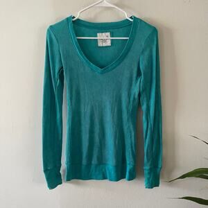 Vintage Kirra Y2K Thermal Babydoll Top Womens Small Green V-Neck Long Sleeve